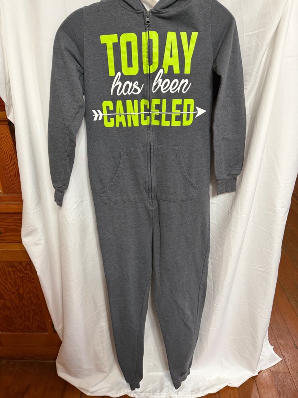 Secret Treasures Charcoal Gray Hooded Jumpsuit with Neon Yellow Graphic
